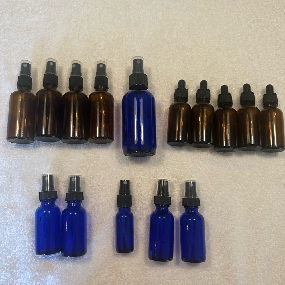 Set of Blue and Brown Glass Bottles with Spray and Dropper Caps